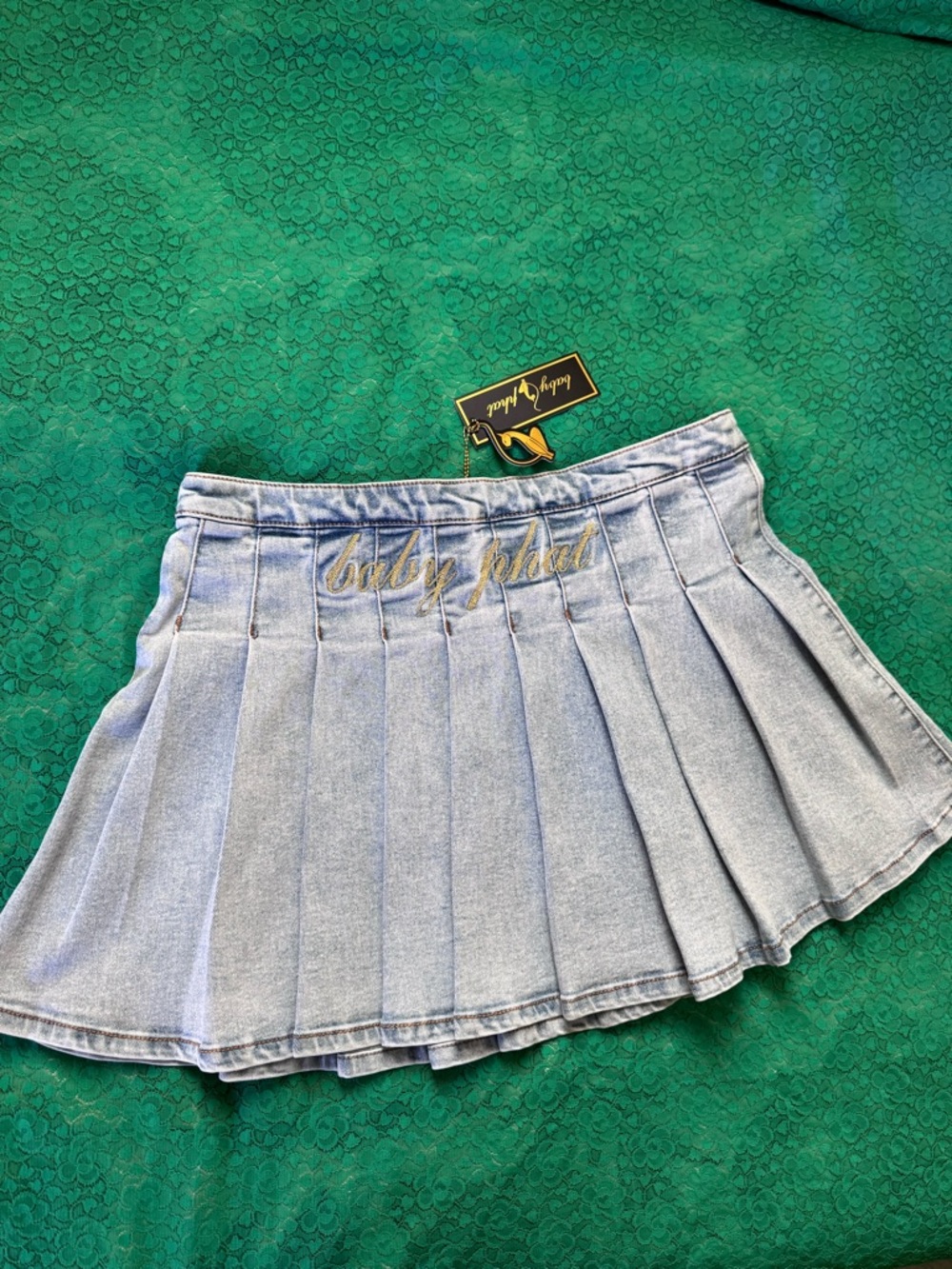 Baby Phat Light Wash Denim Pleated Mini Skirt with Gold Script
